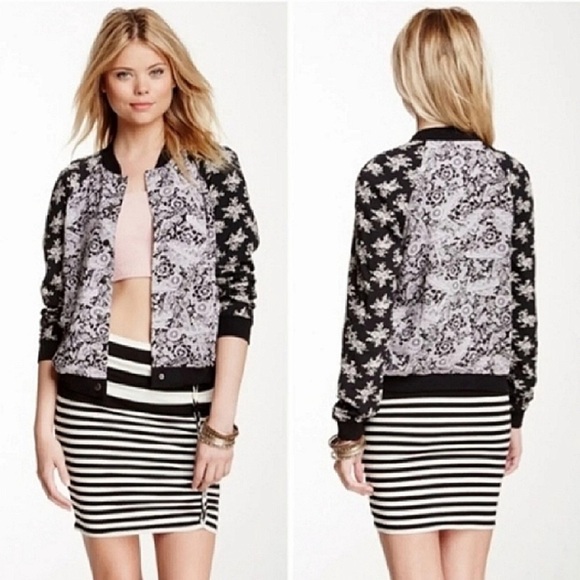 Free People black bomber jacket floral small - Picture 1 of 7